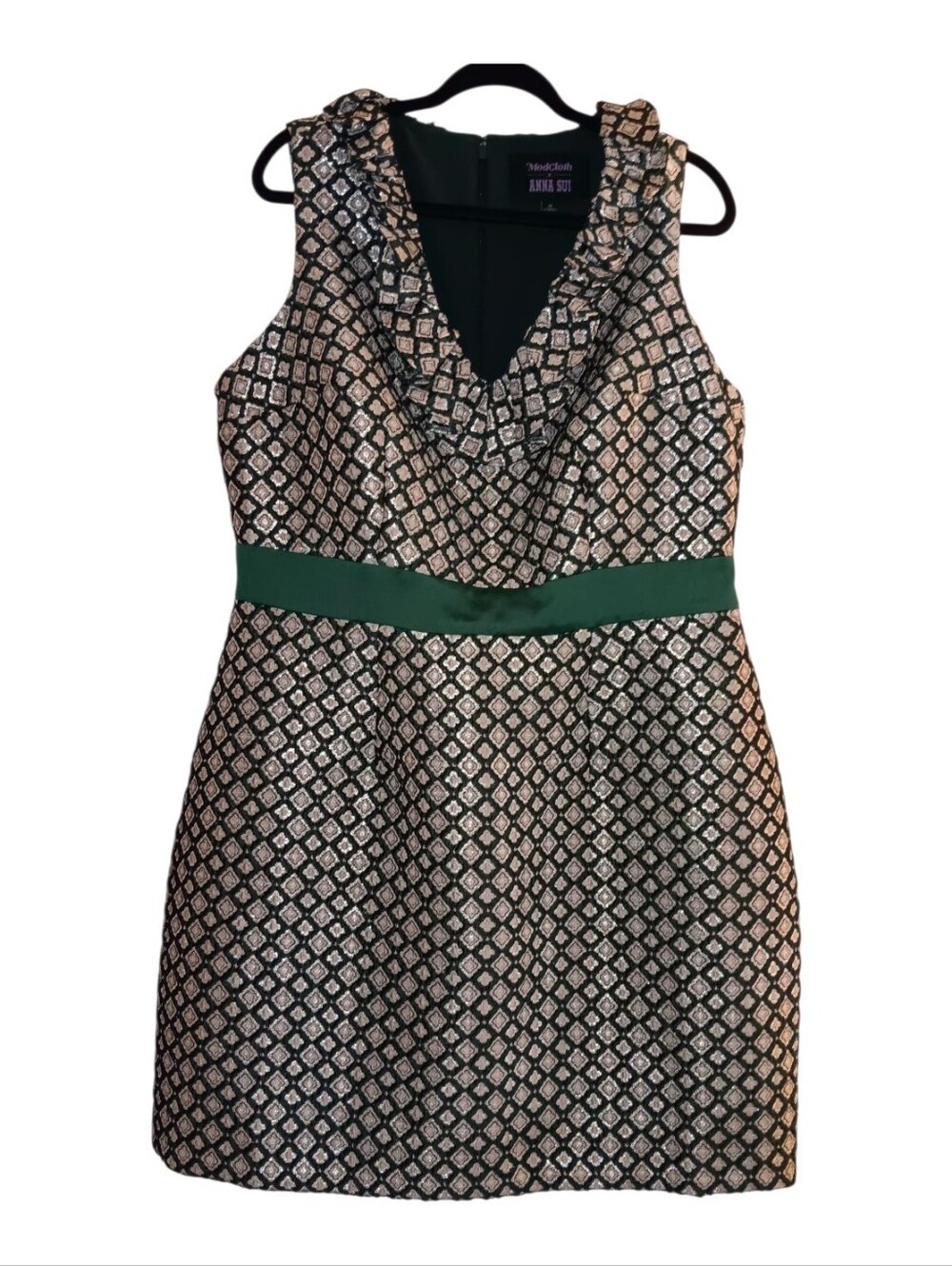 ModCloth x Anna Sui Admiring Eyes Green Gold Metallic Jacquard Dress 18